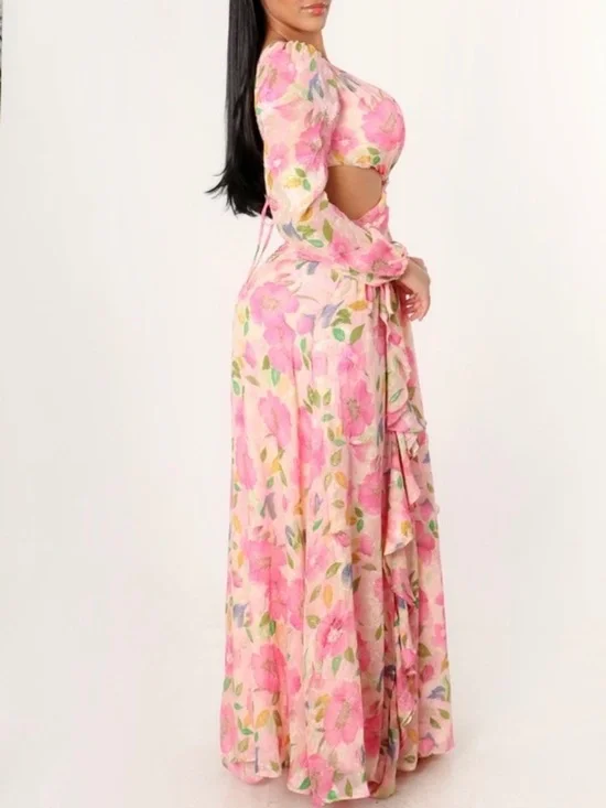 LONG SLEEVE PINK FLORAL MAXI DRESS WITH RUFFLES AND CUTOUT - Picture 6 of 17